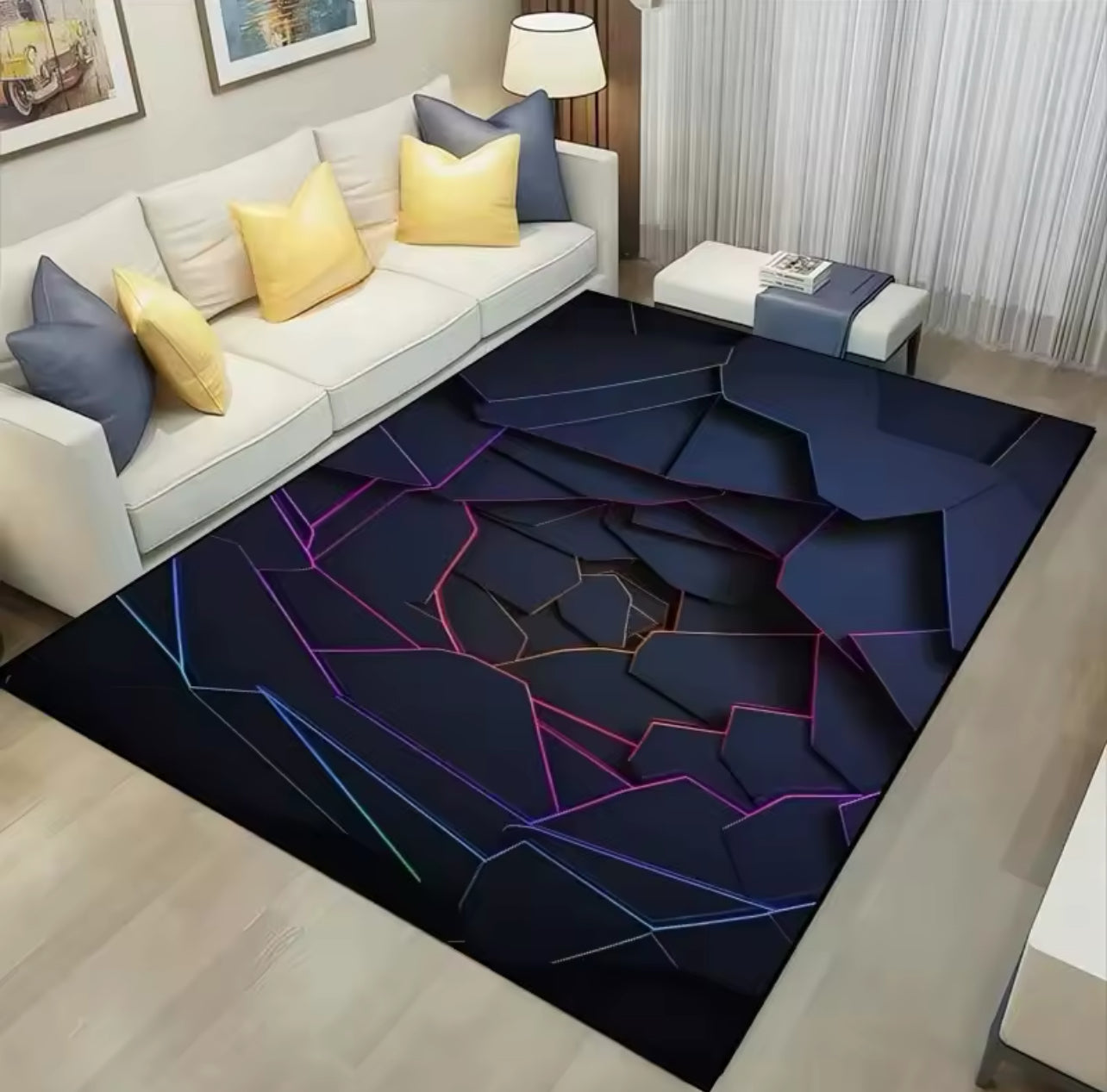 Dywan do pokoju - Neonowa Iluzja 3D z realistycznym efektem przestrzennym i geometrycznym wzorem