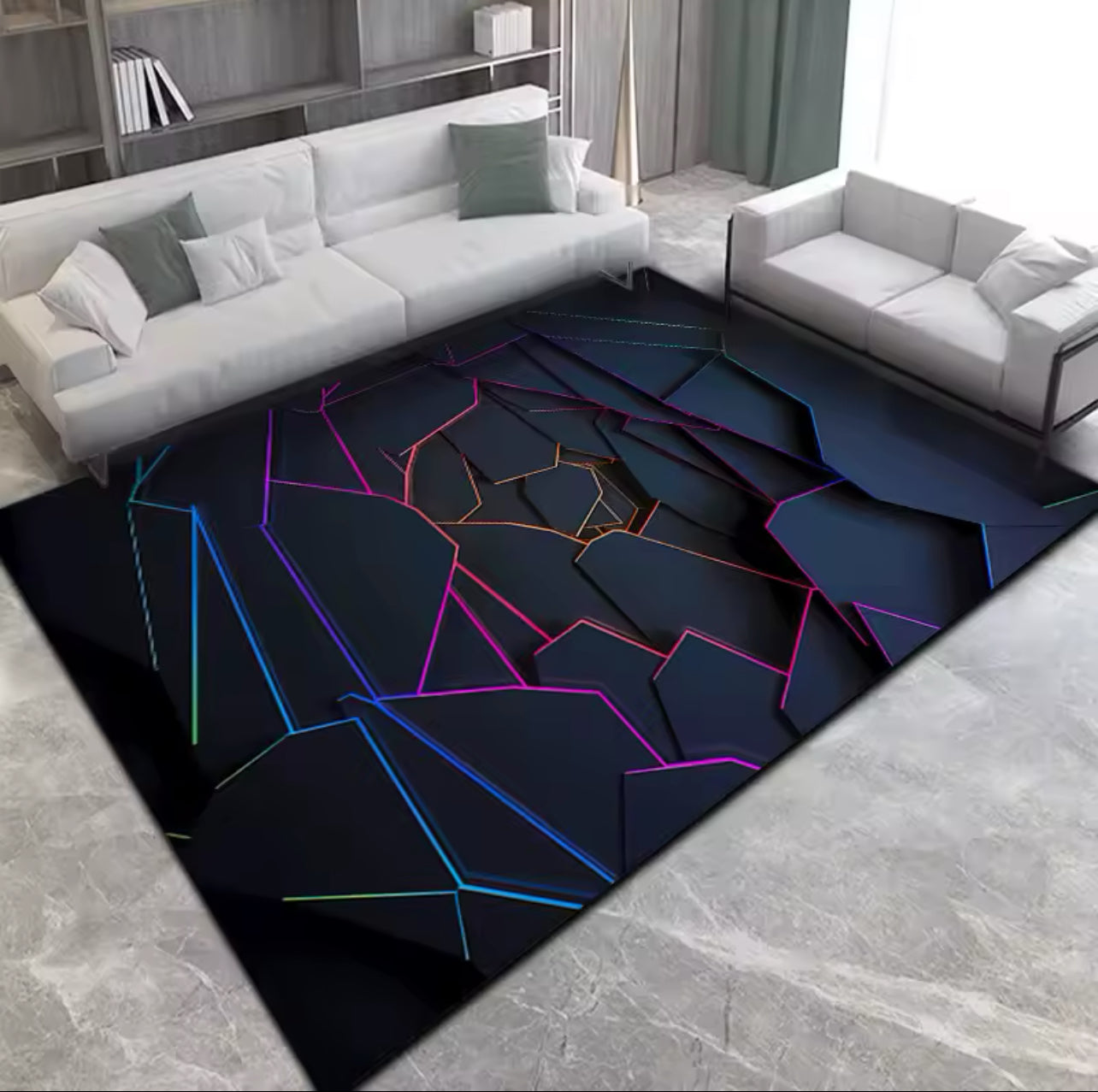 Dywan do pokoju - Neonowa Iluzja 3D z realistycznym efektem przestrzennym i geometrycznym wzorem