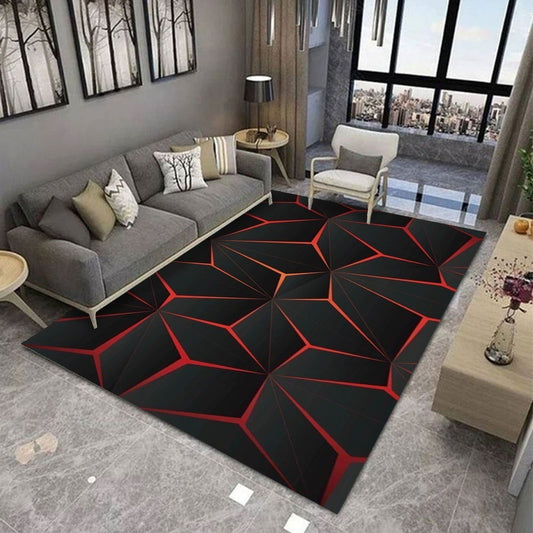 NOWOCZESNY DYWAN z geometrycznym wzorem w efekcie 3D | CZARNO-CZERWONY