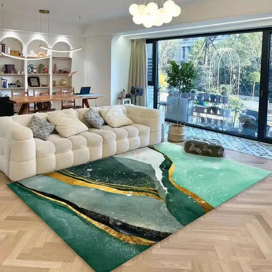 Nowoczesny dywan do pokoju z marmurowym wzorem | Zielona elegancja