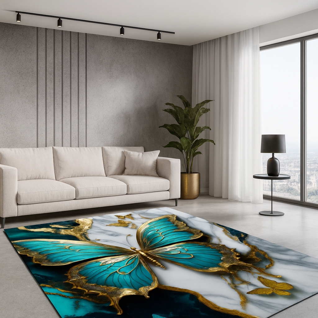 Nowoczesny, elegancki dywan  | Błękitny motyl glamour